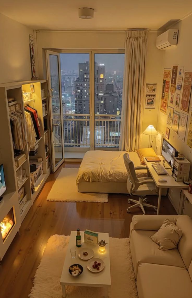 Interior of a small Korean one-room studio with a bed, desk, and kitchenette